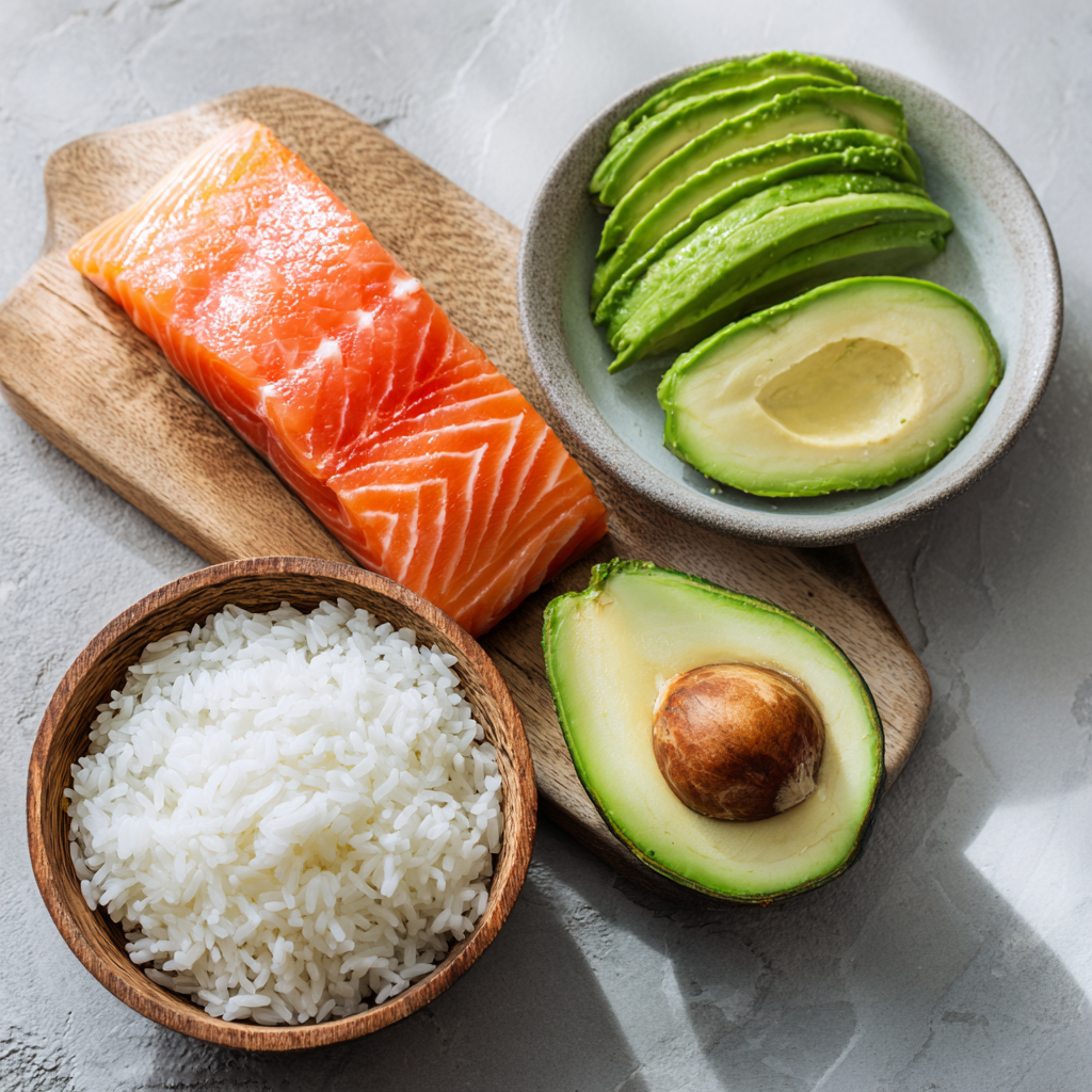 Avocado Rice Salmon Bowl — Healthy Breakfast Recipe — ingredients