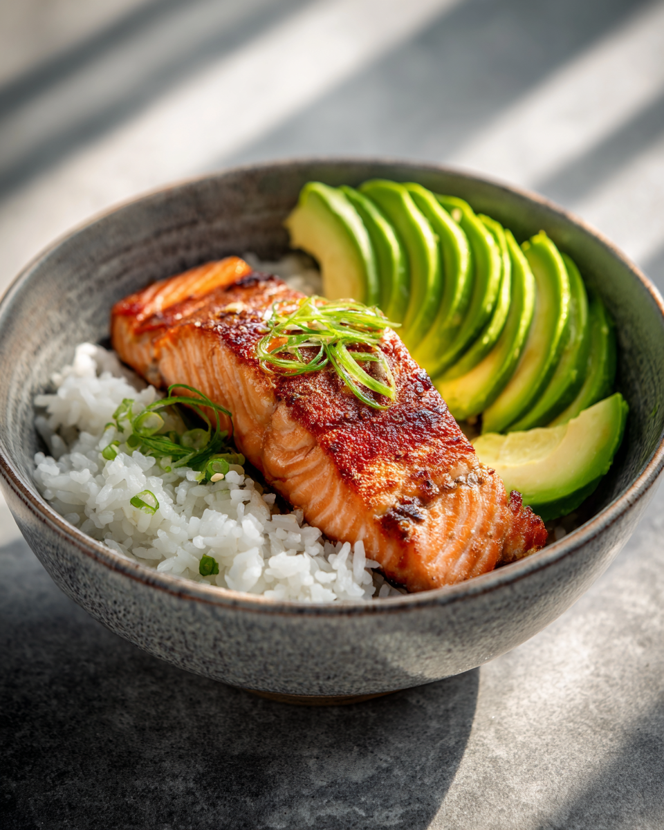 Avocado Rice Salmon Breakfast Bowl (34g Protein, 15 Min)